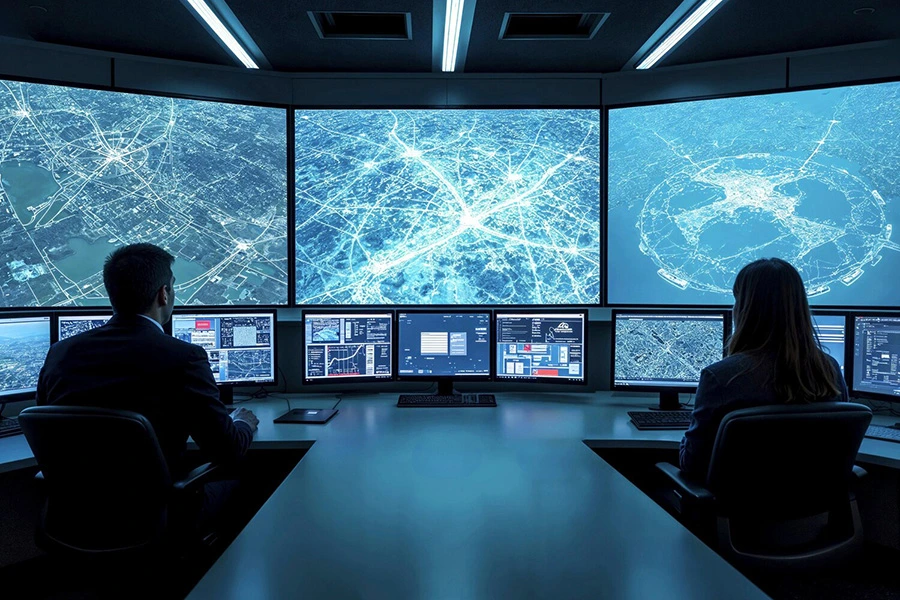 Multiple display panels in defence command center for monitoring