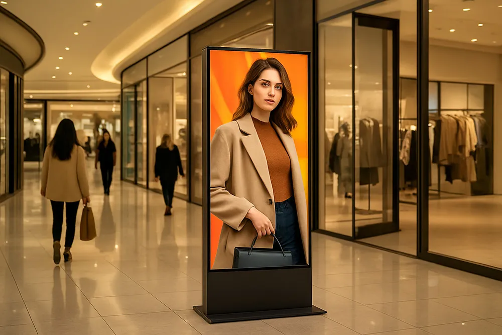 Indoor digital advertising standee in mall displaying fashion advertisement for marketing.