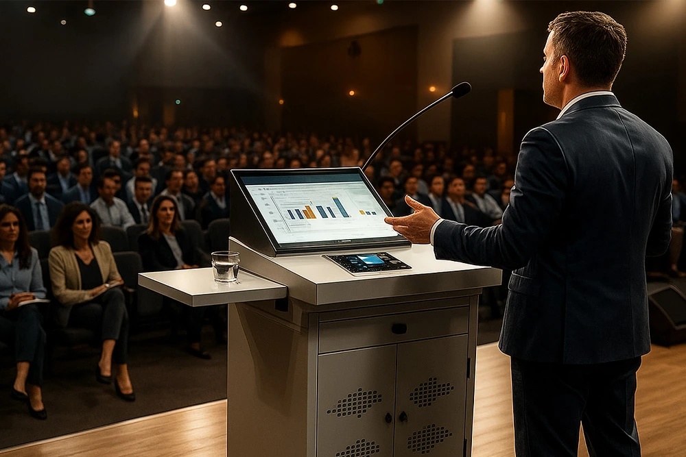 Speaker addressing a large audience indoors using a digital podium for professional public speaking.
