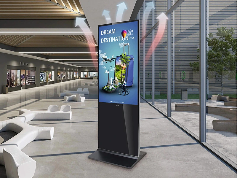 Full HD indoor digital standee in an airport displaying brand promotion content.