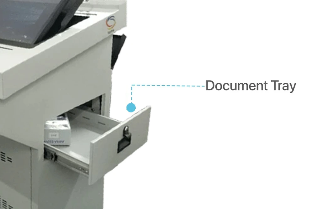 Interactive digital podium with built-in document tray for university lectures