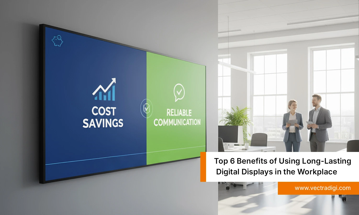 Long-Lasting Digital display in modern office highlighting cost savings and reliable communication benefits.