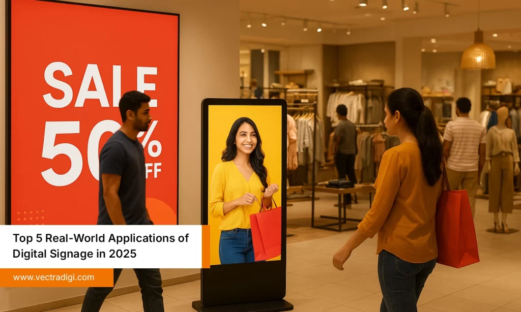 Applications of digital signage in an Indian shopping mall with LED display and digital standee showing a 50% off sale