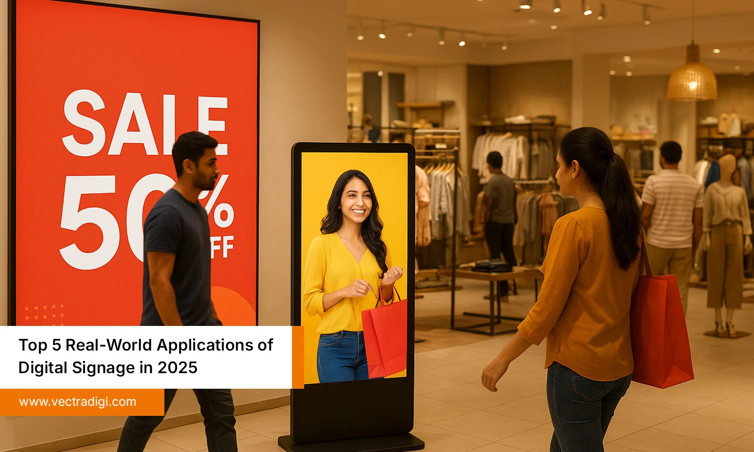 Applications of digital signage in an Indian shopping mall with LED display and digital standee showing a 50% off sale