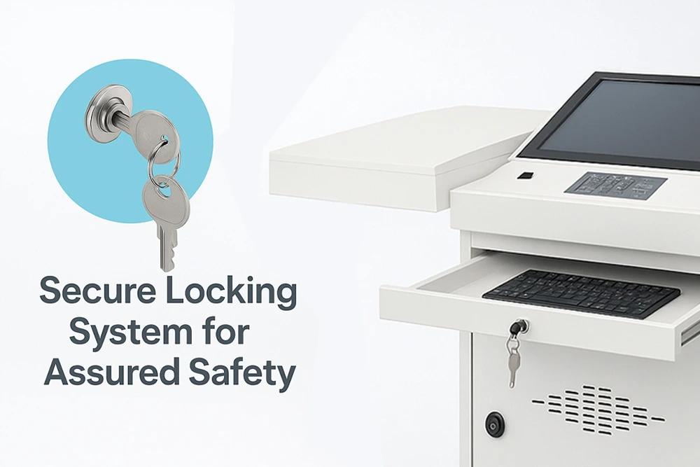 Secured digital podium with lockable storage designed for conferences and presentations.