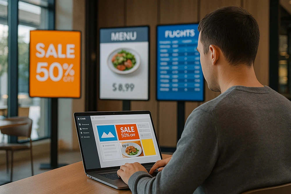 Restaurant owner managing content on a smart digital advertising screen with CMS.