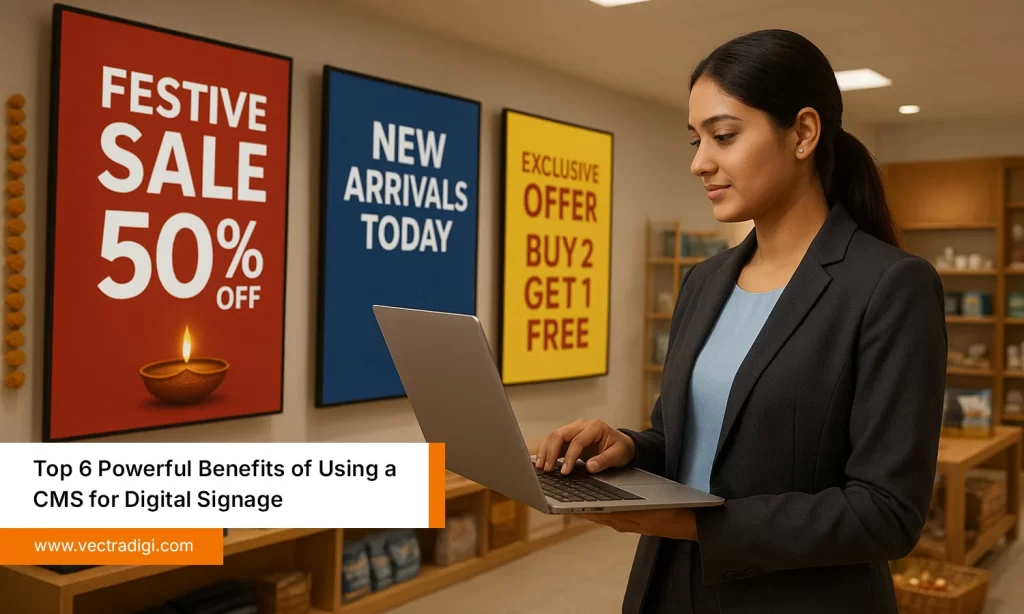 Indian Women Using Laptop to Update Digital Signage Content and showing benefits of CMS