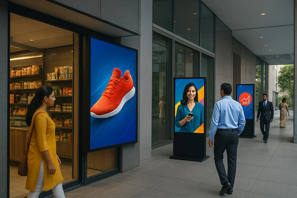 Advertising LED screen outside a retail store promoting products.