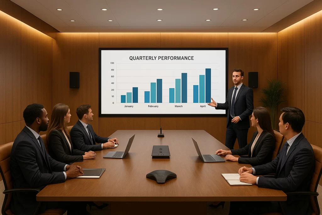 Team discussing quarterly performance on large LED display with conference room sound system