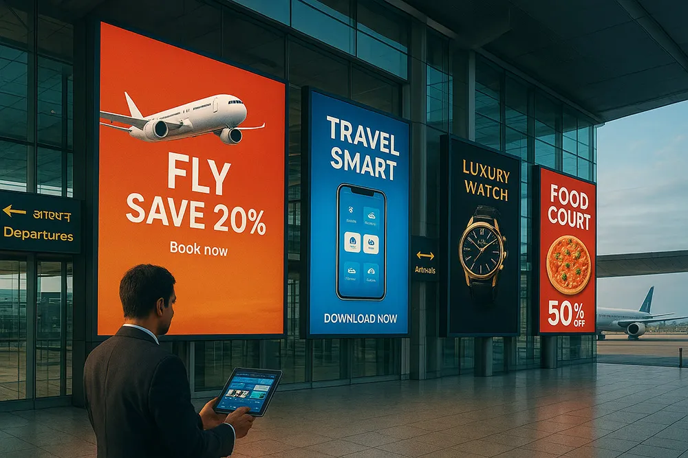 Worker managing content on an outdoor LED Display for Advertising at an airport using a dynamic CMS.