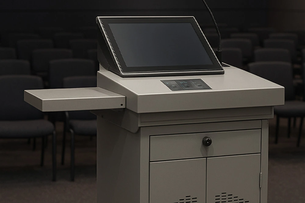 Digital podium for auditoriums, designed for long-lasting use and professional presentations.