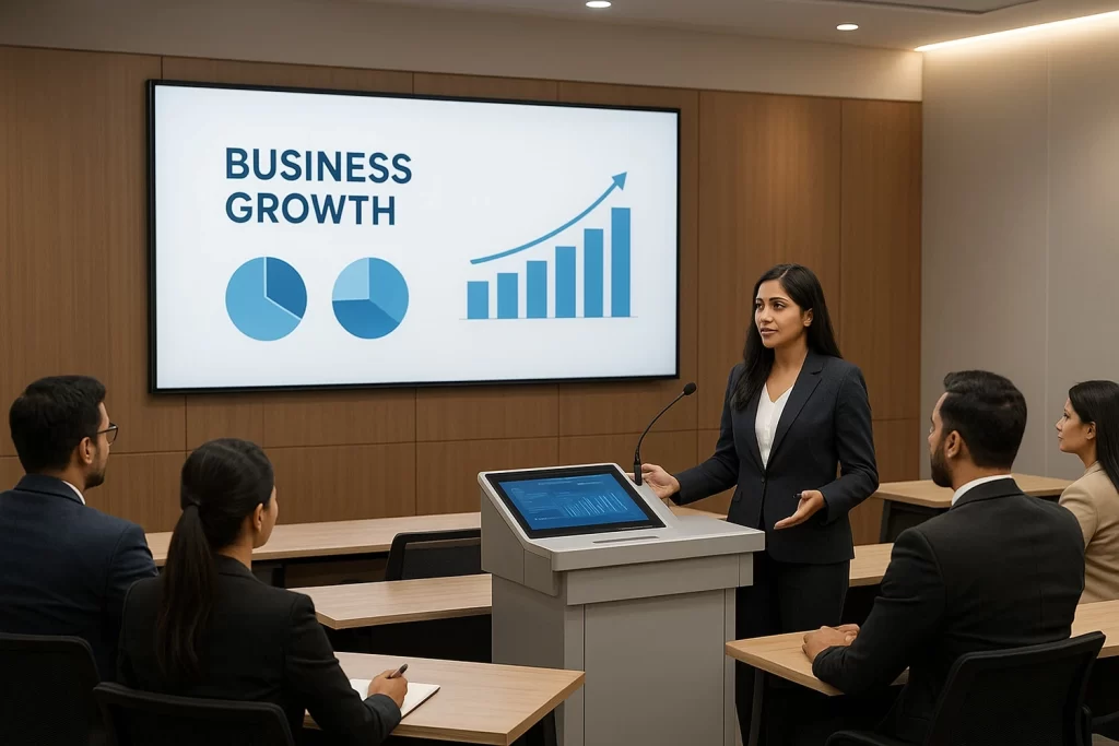 Team discussing business growth strategy using digital podium for conference room presentations