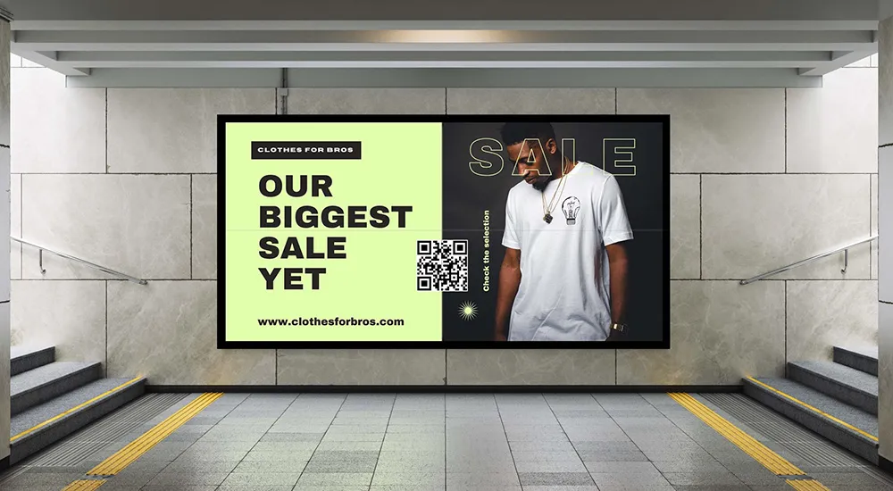 Indoor Active LED display panel promoting a sale at a train station.