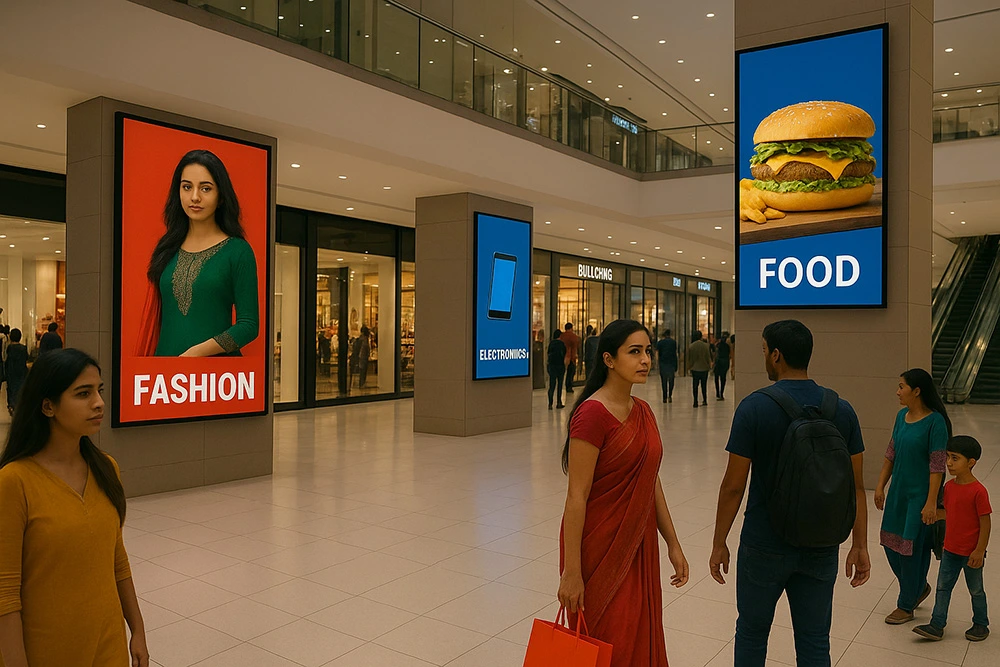 Indoor LED advertising screens in a shopping mall in India showcasing brand promotion.