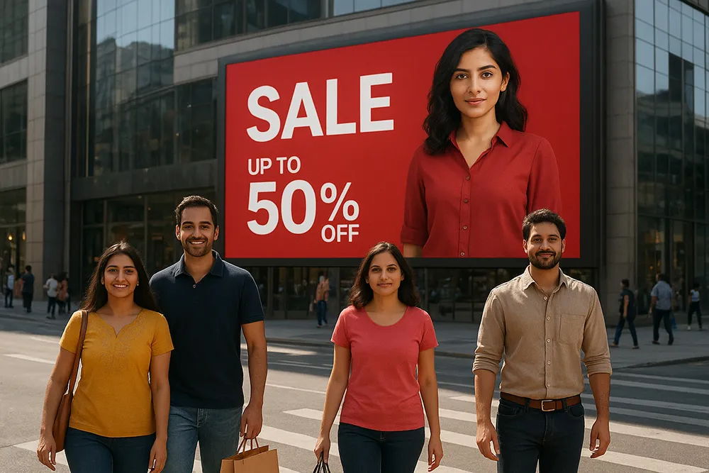 Outdoor LED advertising display showing “Sale up to 50% off” for promotional marketing.