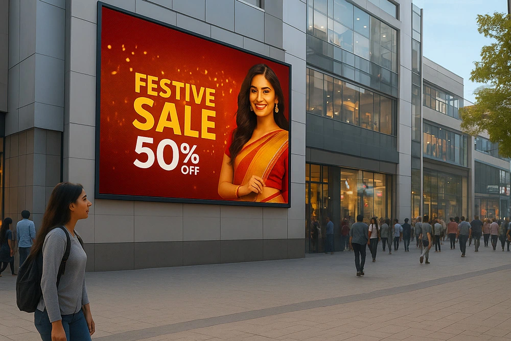 Vectradigi Outdoor LED Screen for Advertising displaying sale promotion content.