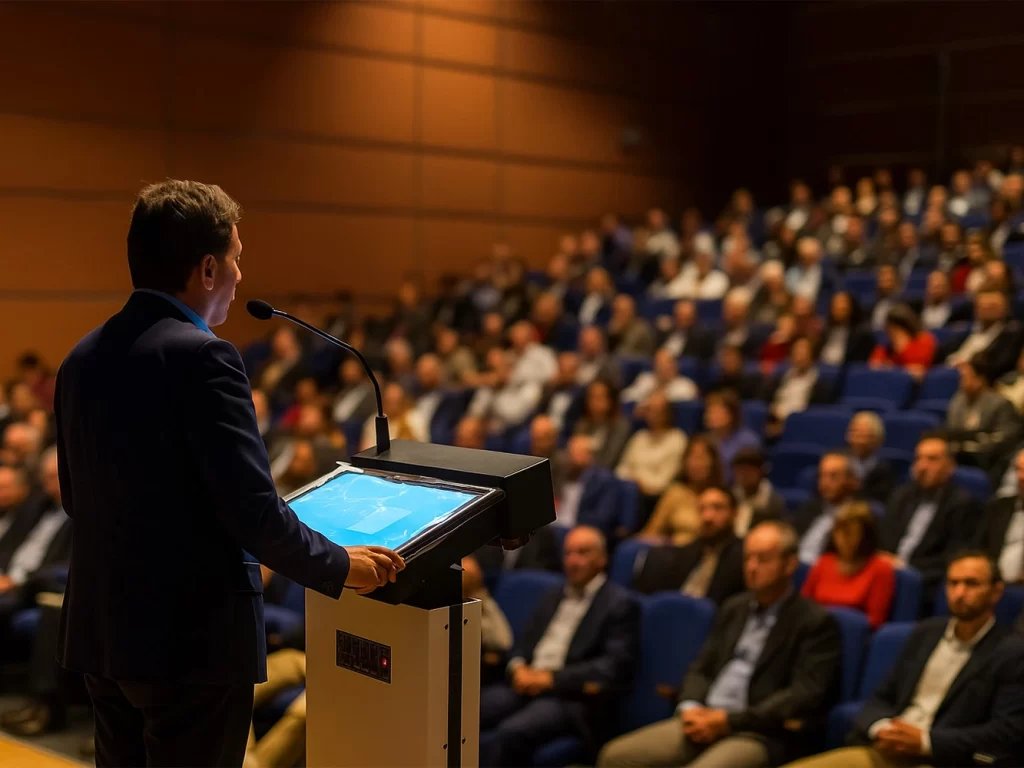 Speaker using slim podium in auditorium with touchscreen and dual microphones