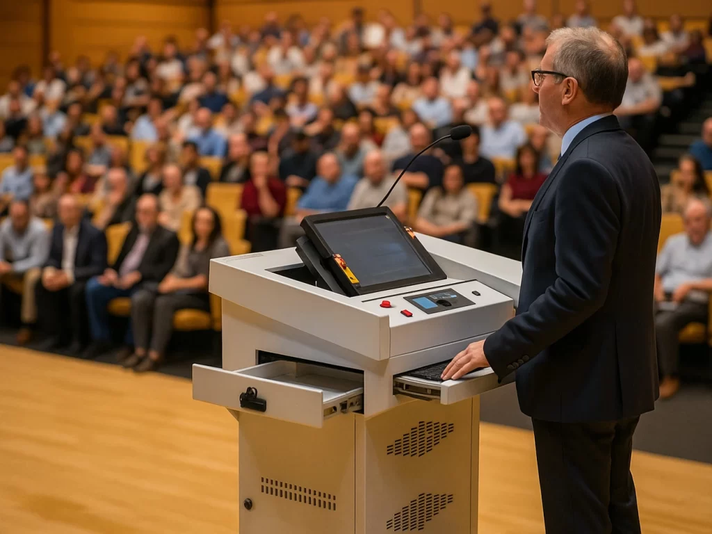 Speaker using digital podium for auditorium during presentation.