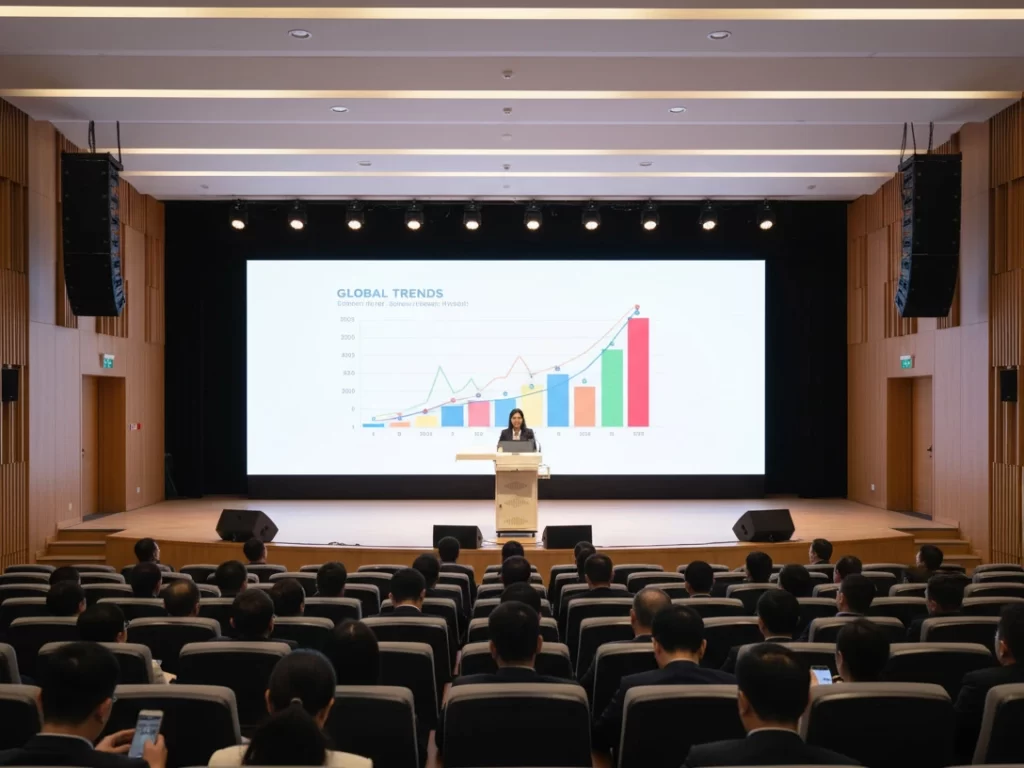 Vectradigi auditorium setup in India with speaker using digital podium and LED wall in corporate conference