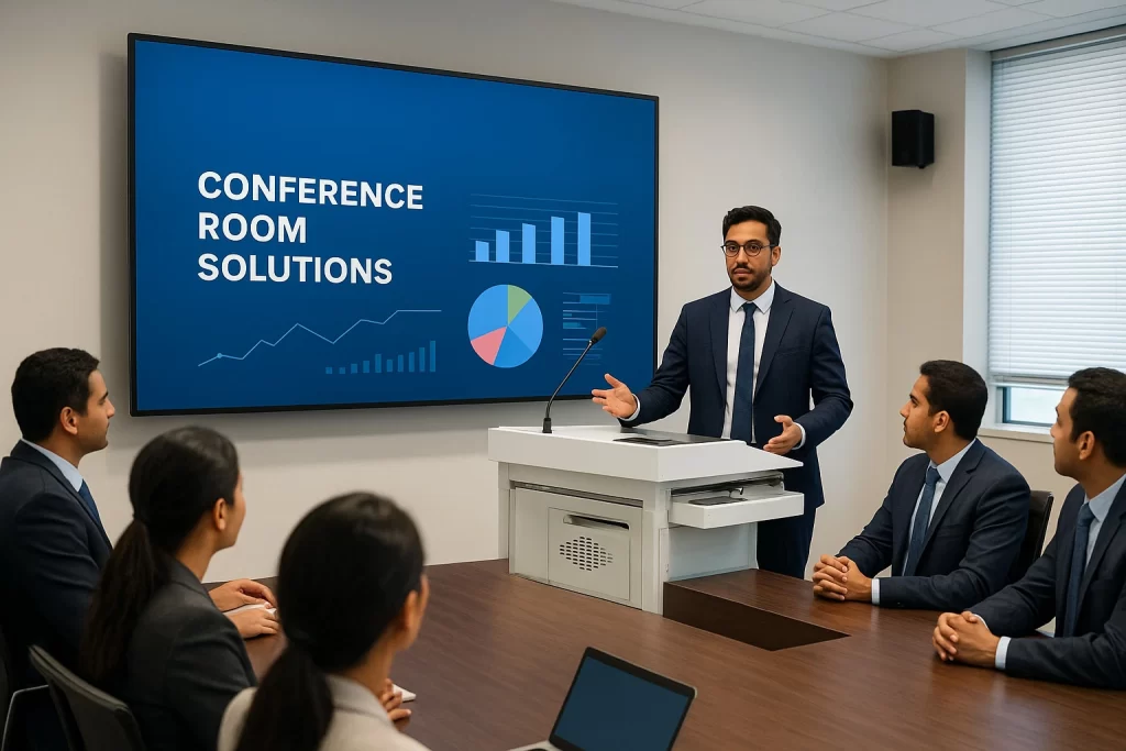 Business team conducting a meeting using vectradigi conference room solutions in India