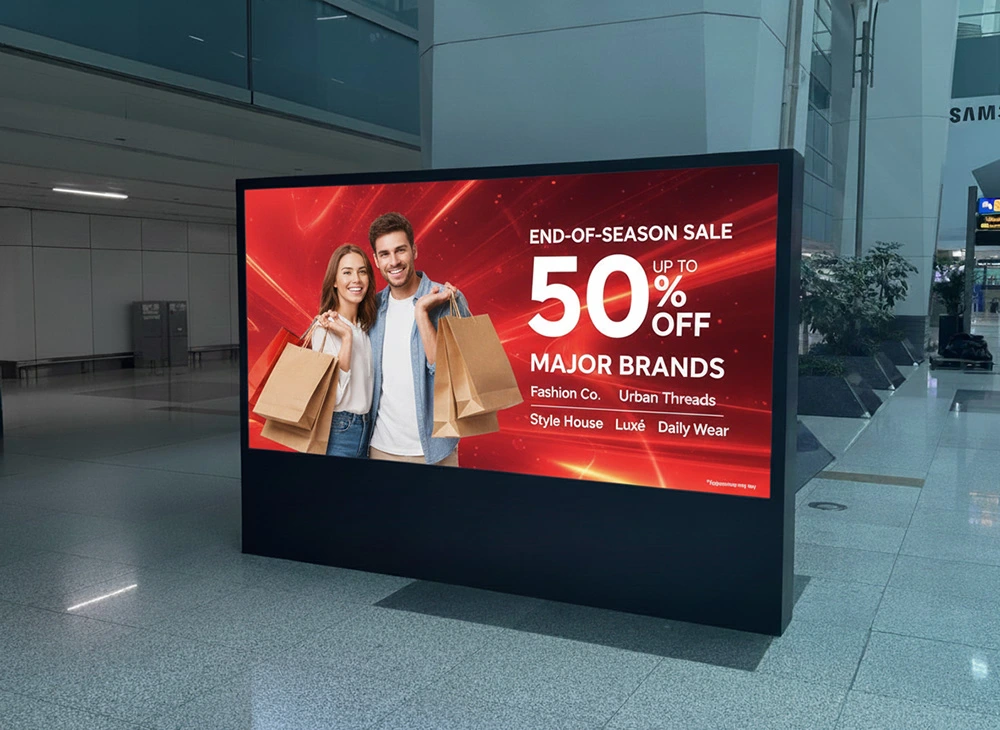 Vectradigi Active LED Display showing a sale promotion on a busy Nasik street