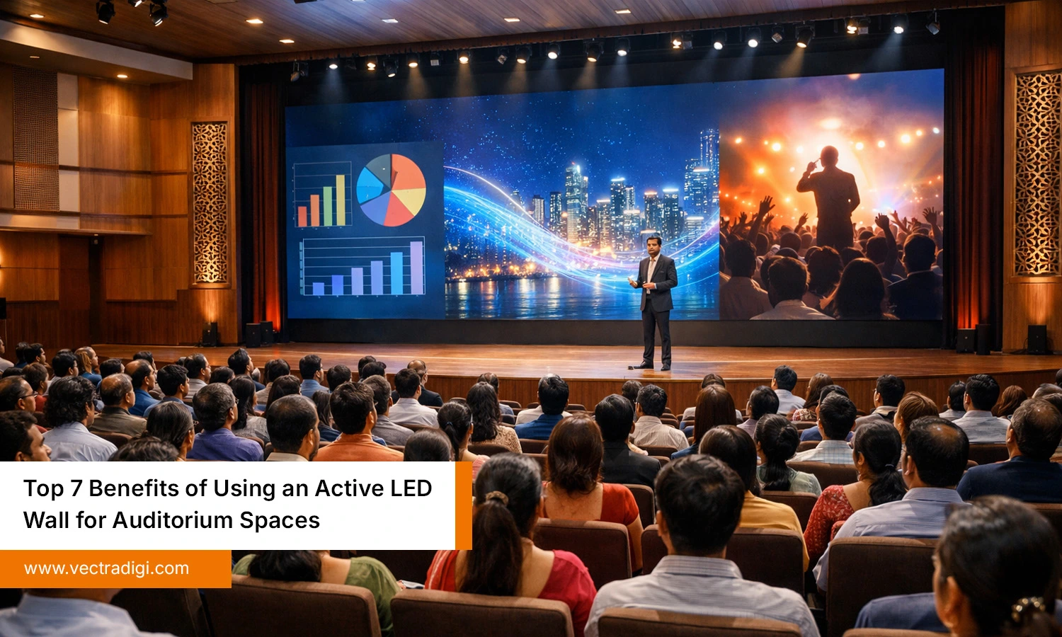 Speaker presenting to an audience using an Active LED wall for auditorium