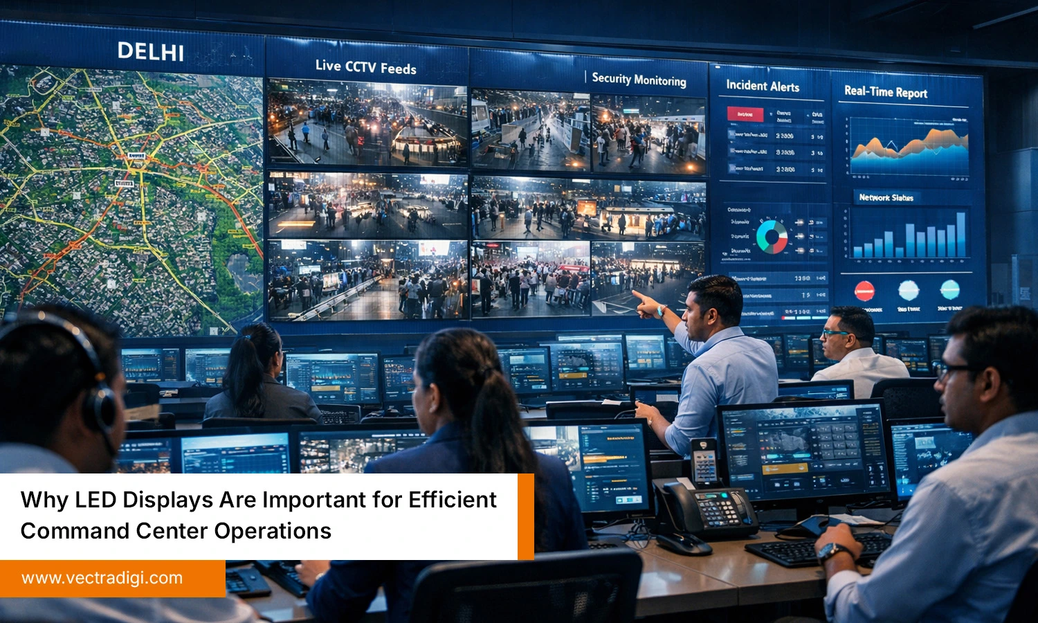 Professionals using LED display screens for real-time monitoring and data visualization in command center operations.