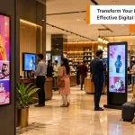 Modern Indian store with digital signage system, bright screens, shoppers, and sleek interior design.