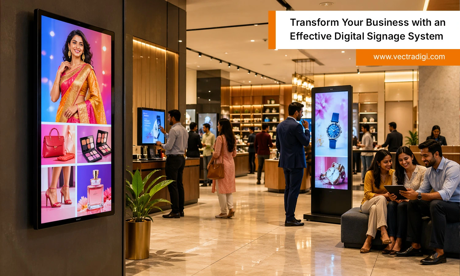 Modern Indian store with digital signage system, bright screens, shoppers, and sleek interior design.