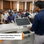 Speaker presenting using electronic lectern for classroom and conferences