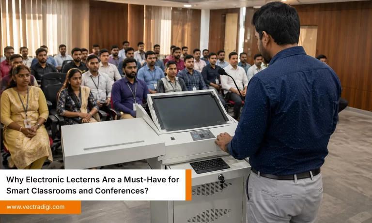 Speaker presenting using electronic lectern for classroom and conferences