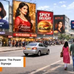 Outdoor digital signage on modern Indian street with minimal crowd, clear daytime city view