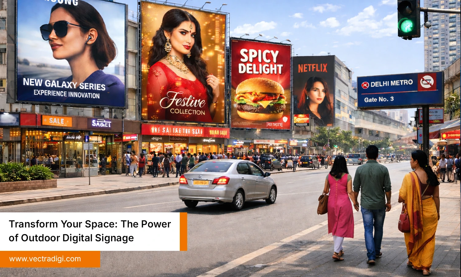 Outdoor digital signage on modern Indian street with minimal crowd, clear daytime city view