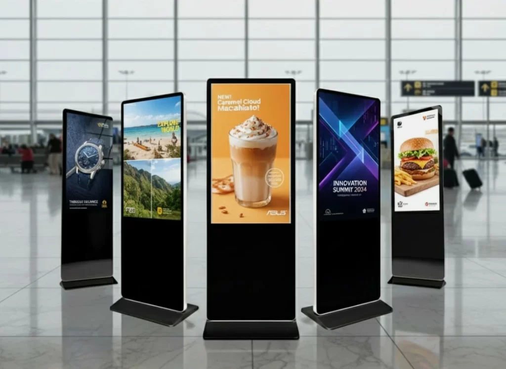 Multiple Digital standees in Delhi Airport are showcasing advertisements