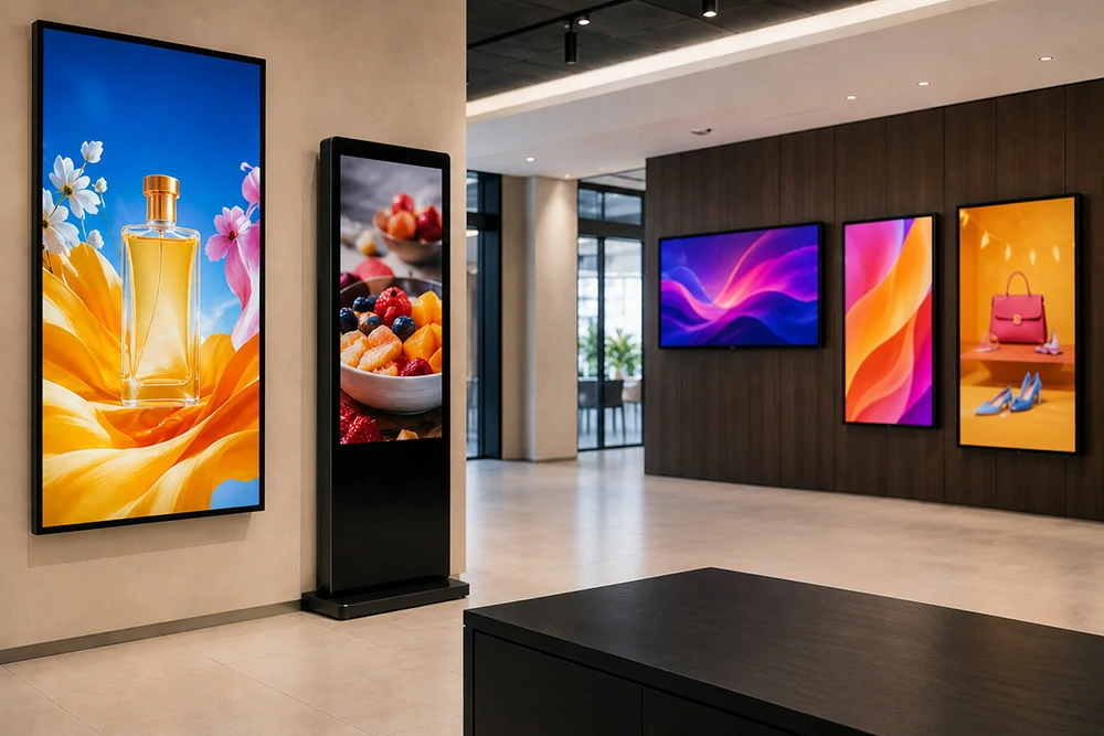 Modern commercial interior featuring vibrant digital display signage showcasing fashion, lifestyle, and promotional advertising content.