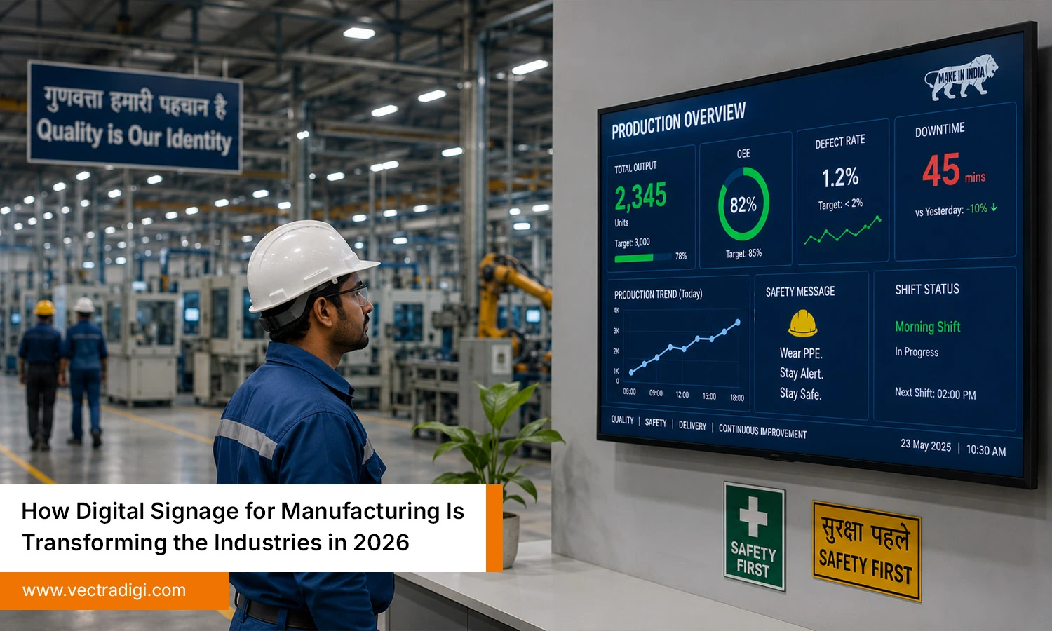 Digital signage for manufacturing displayed inside a modern Indian smart factory facility.