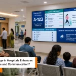 Digital signage hospital screen showing queue updates, doctor availability, and directions in modern Indian hospital waiting area