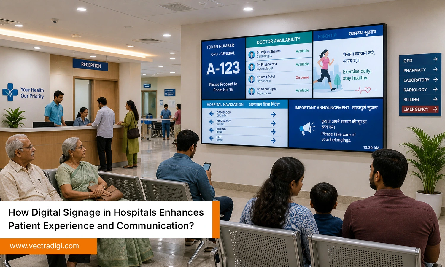 Digital signage hospital screen showing queue updates, doctor availability, and directions in modern Indian hospital waiting area