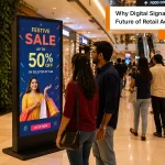 Digital signage standee in Indian mall displaying festive sale attracting shoppers attention