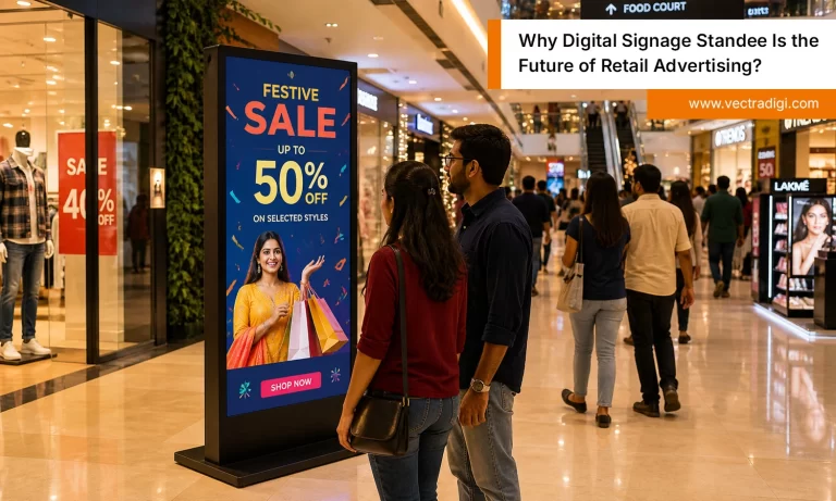 Digital signage standee in Indian mall displaying festive sale attracting shoppers attention