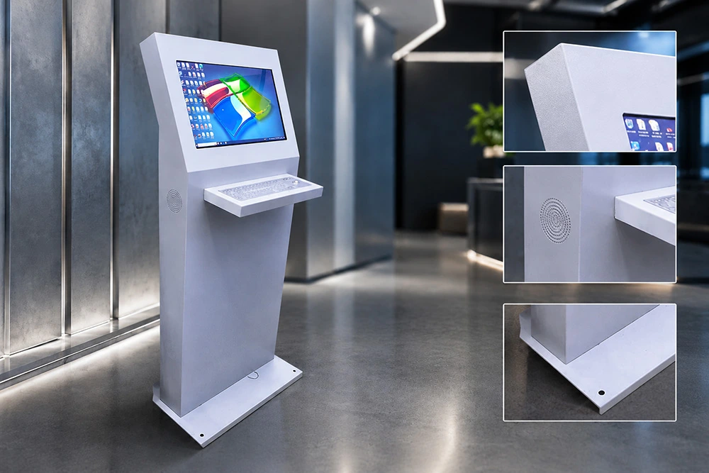Durable touchscreen kiosk with a mild steel body with an integrated touchscreen monitor