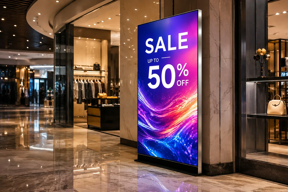 Modern retail store featuring vibrant indoor digital signage display promoting discount sale offers and customer engagement.