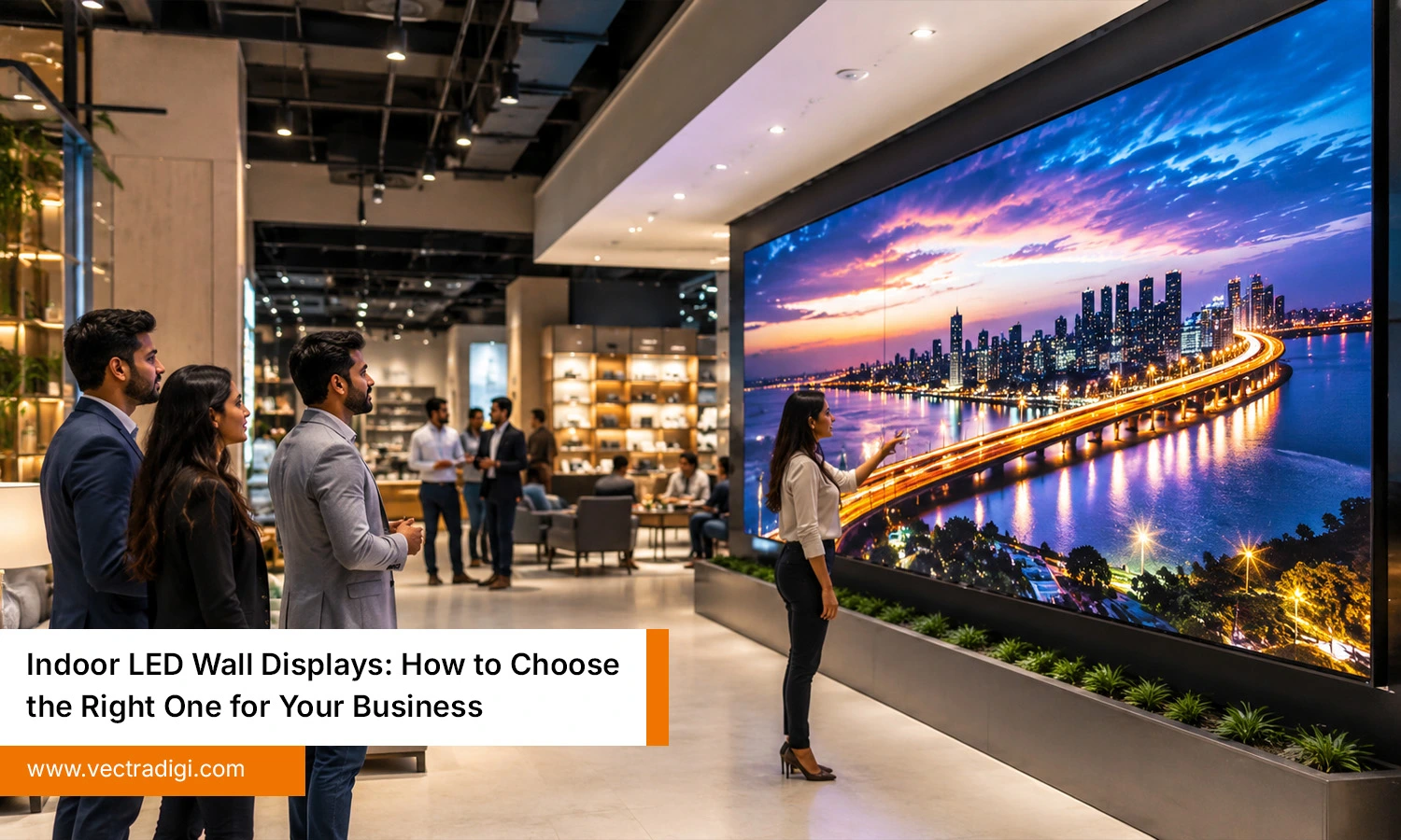 Indian professionals viewing a led wall indoor display in a modern showroom for business branding