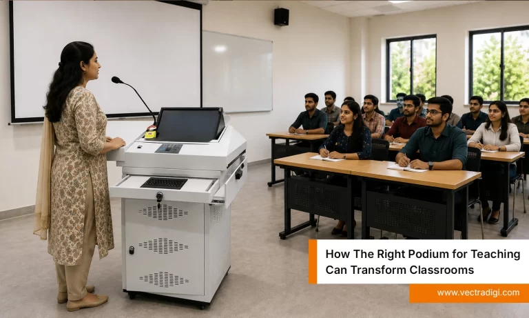 Indian teacher using a modern podium for teaching in a smart classroom with attentive students and digital learning setup.