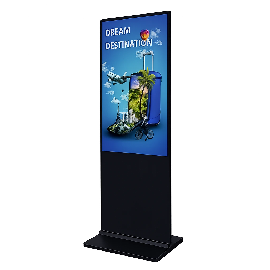 43-Inch Digital Standee with Full HD Display showcasing travel advertisement