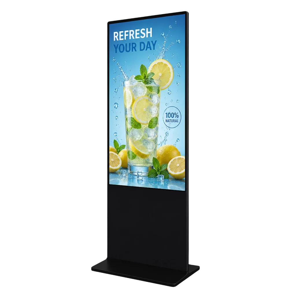 55-Inch Digital Standee featuring natural beverage promotion on a vibrant digital screen