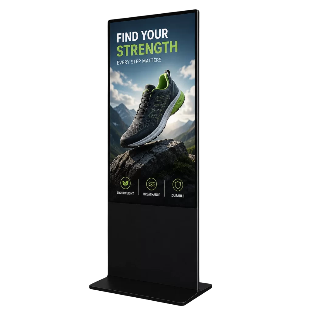 65-Inch Digital Standee displaying a footwear advertisement on a high-resolution commercial screen