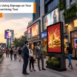 Indian business district showcasing digital signage for advertising with LED displays and stores.