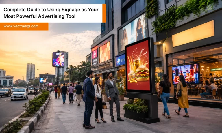 Indian business district showcasing digital signage for advertising with LED displays and stores.