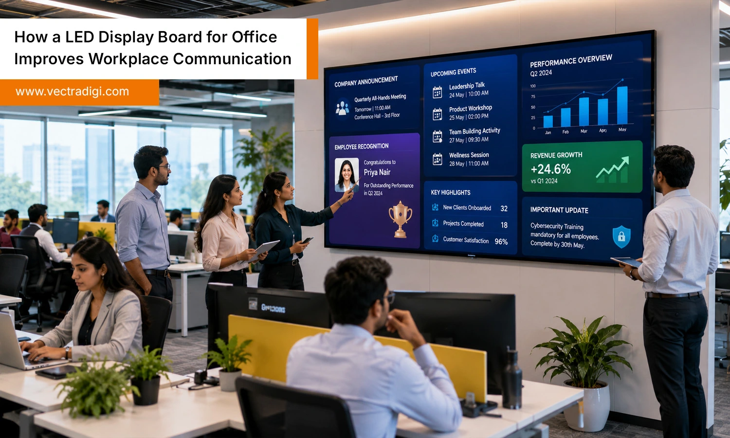 LED display board for office showing real-time updates, employee engagement and communication.